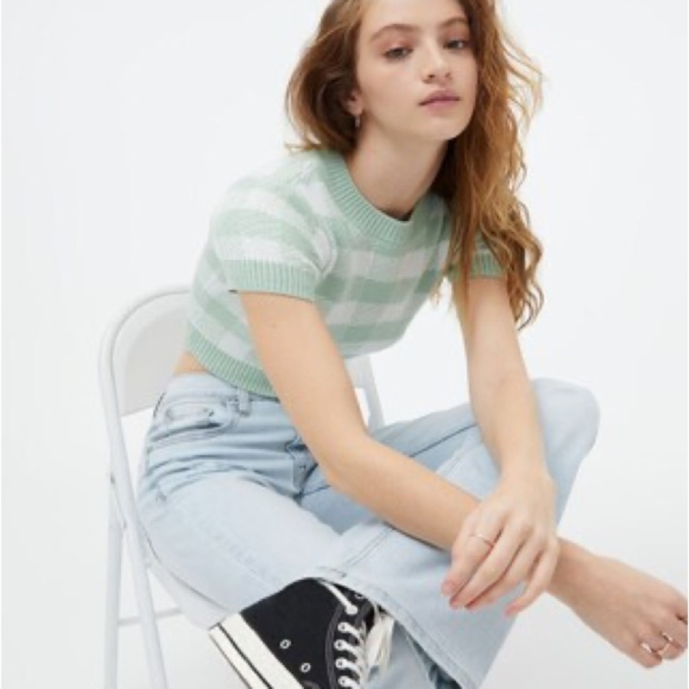 Sweater Top Aeropostale Short Sleeve Blue Gingham Size XS NWT Fall Winter Cozy - Picture 7 of 7